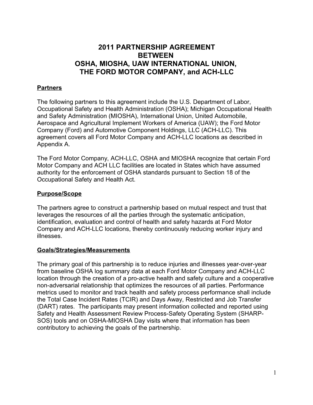 2011 Partnership Agreement Between OSHA, MIOSHA, UAW International Union, the Ford Motor