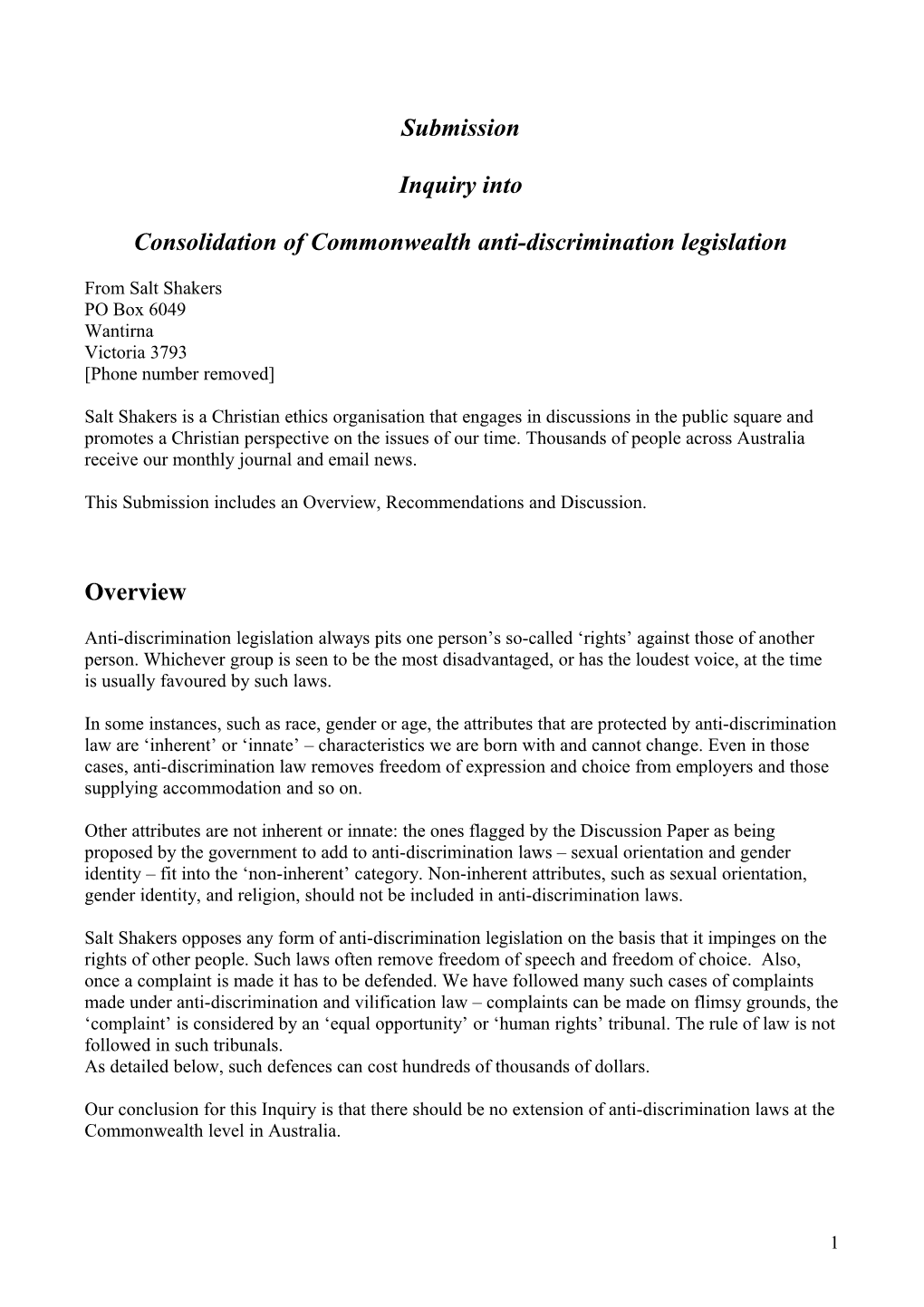 Submission on the Consolidation of Commonwealth Anti-Discrimination Laws - Salt Shakers