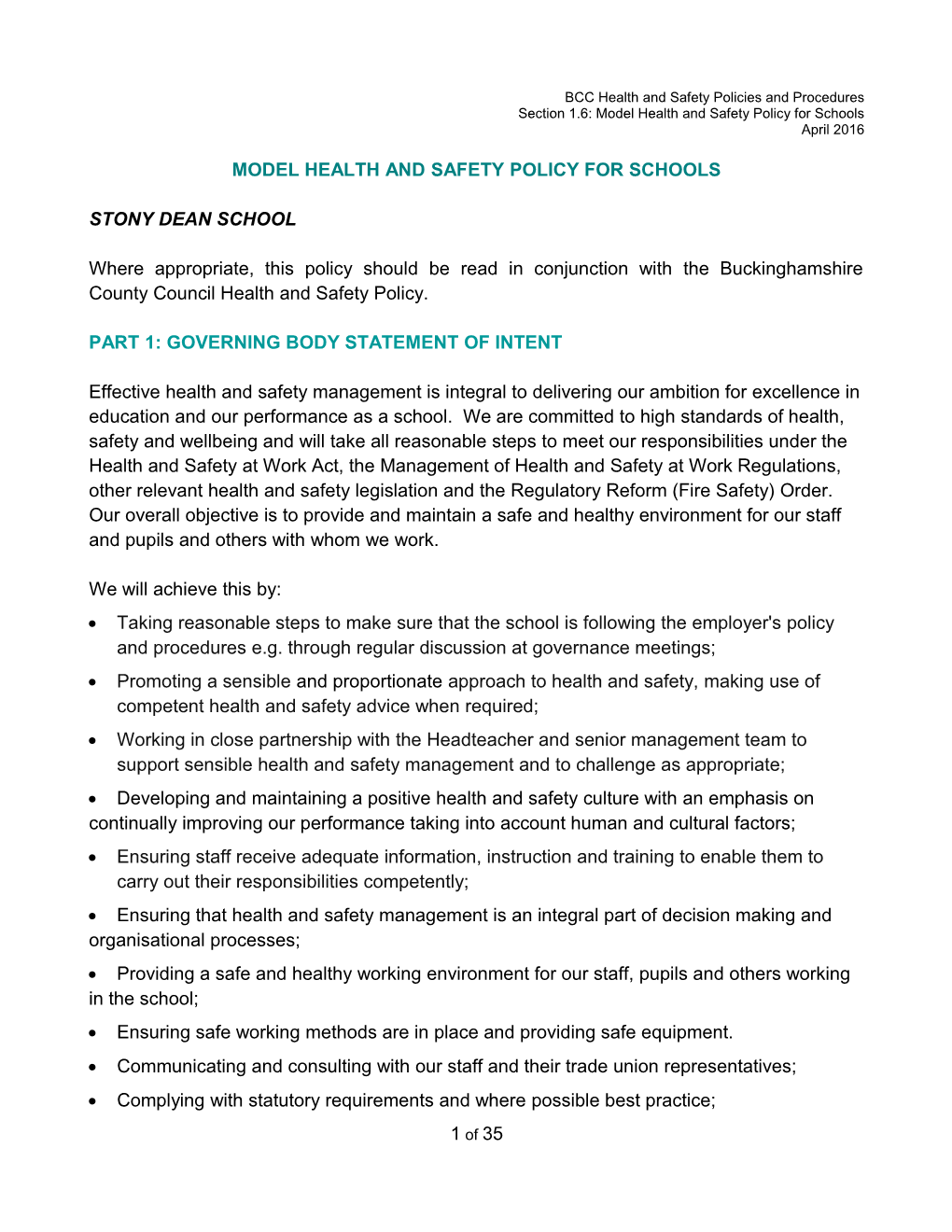 Model Health and Safety Statement