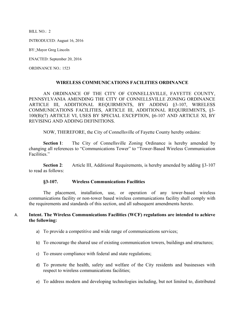 Wireless Communications Facilities Ordinance