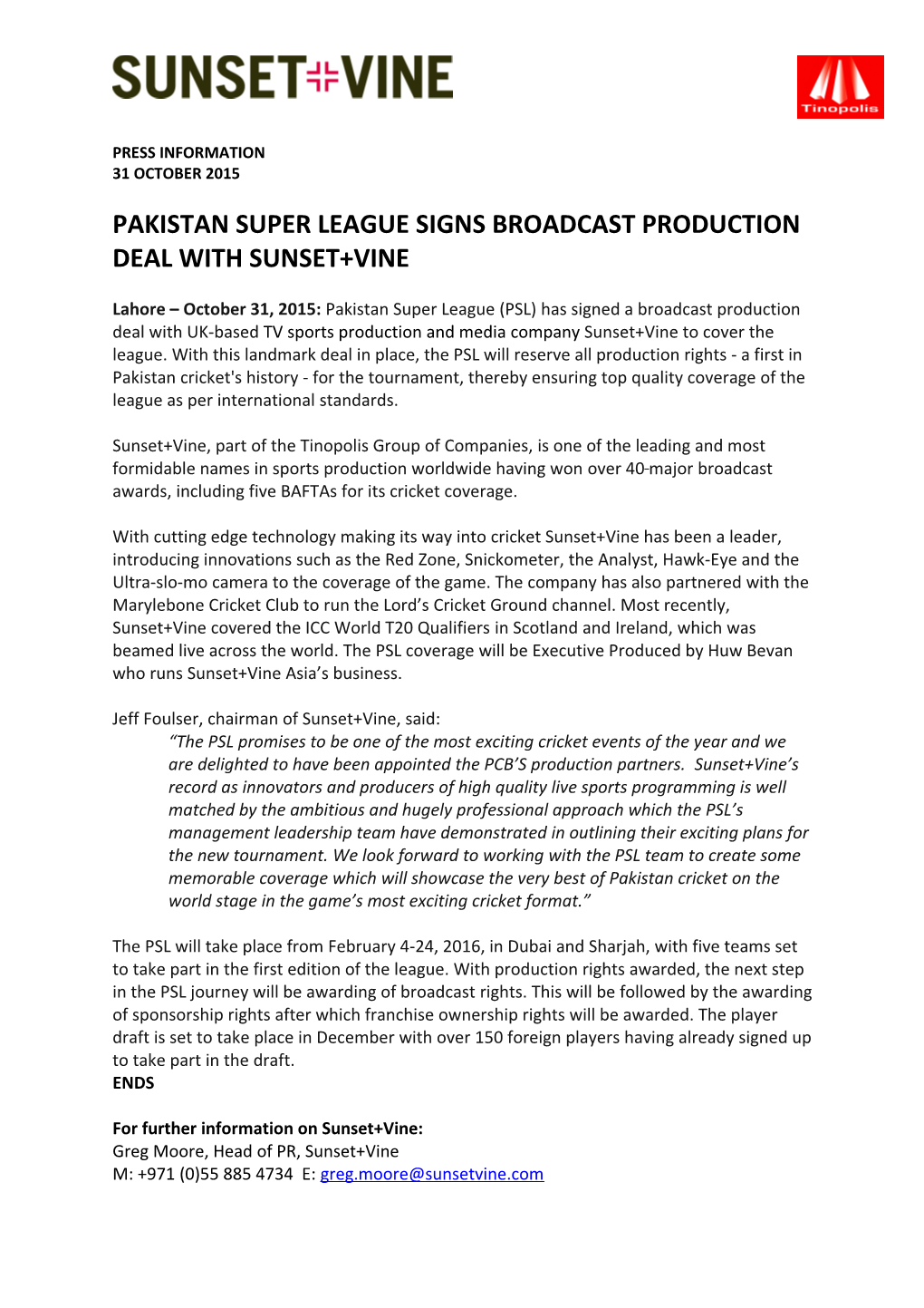 Pakistan Super League Signs Broadcast Production Deal with Sunset+Vine