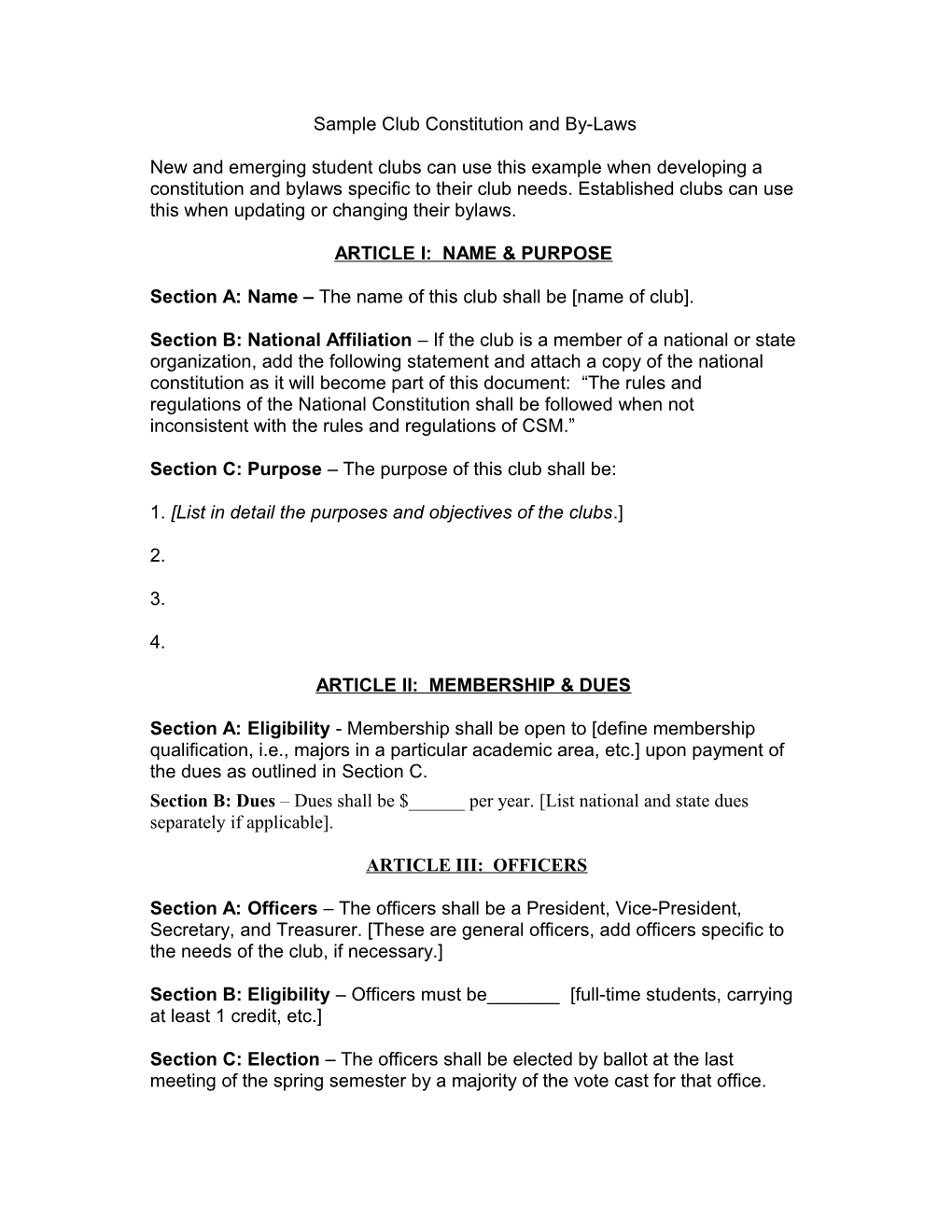 Sample Club Constitution and By-Laws