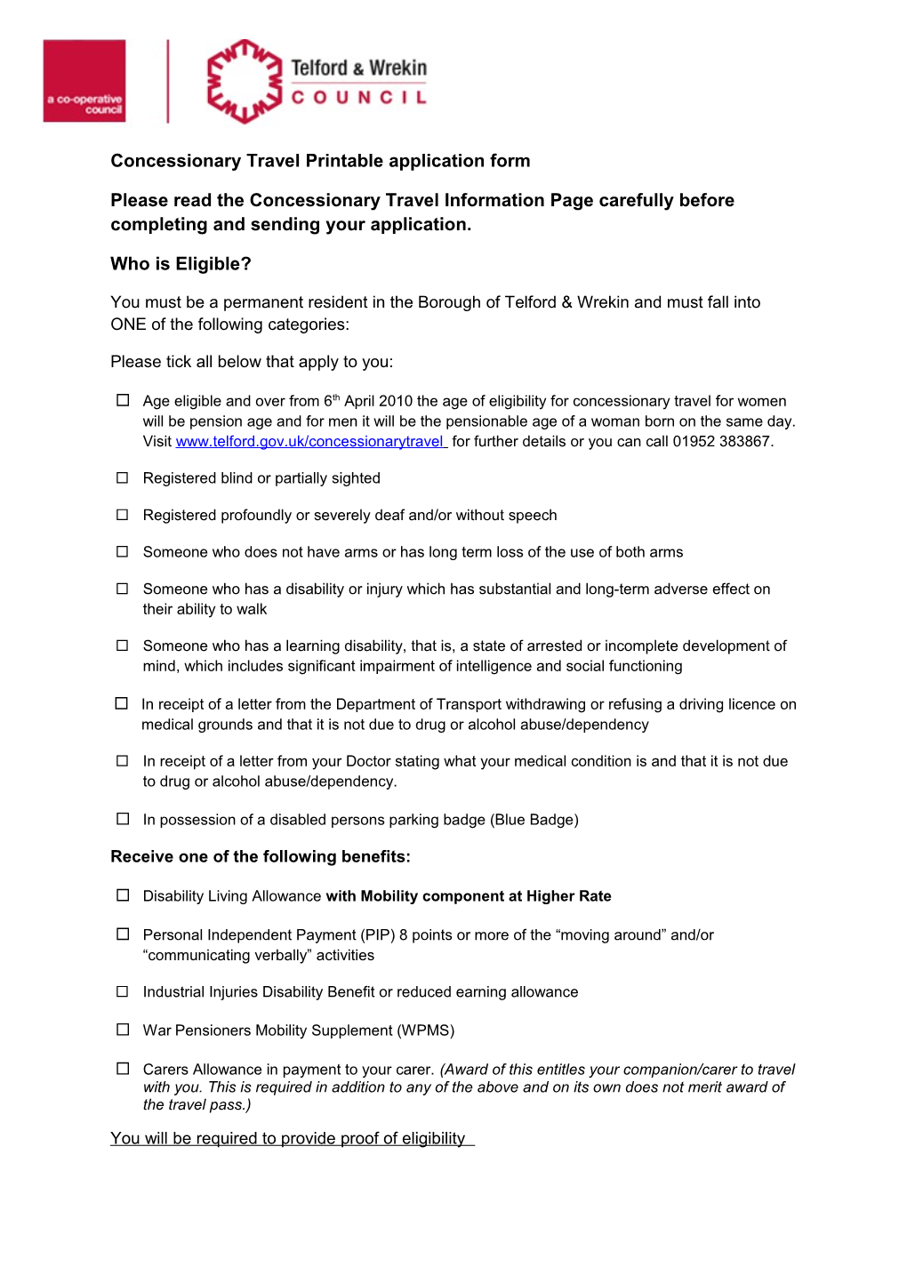 Concessionary Travel Printable Application Form