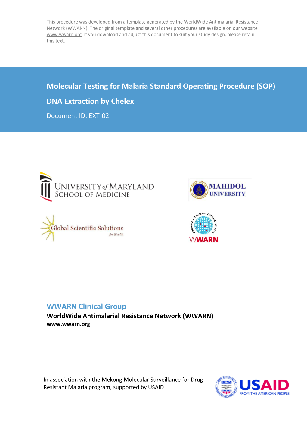 Molecular Testing for Malaria Standard Operating Procedure (SOP)
