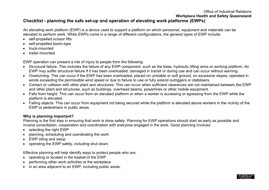 Checklist - Planning the Safe Set-Up and Operation of Elevating Work Platforms (Ewps)