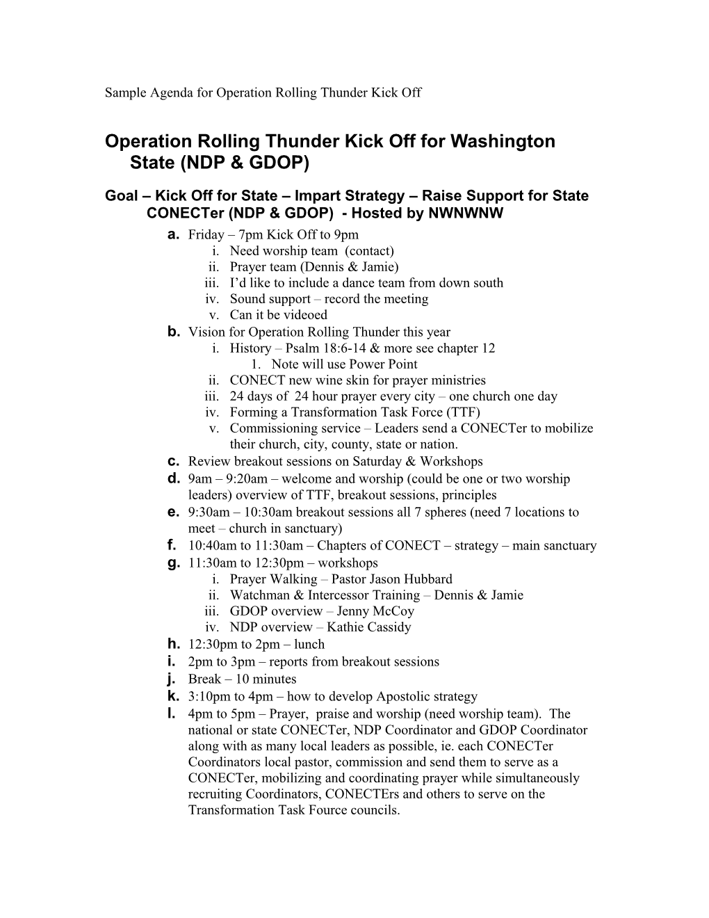 Agenda for Jan 12-13 Washington State Kick Off Hosted by NWNWNW
