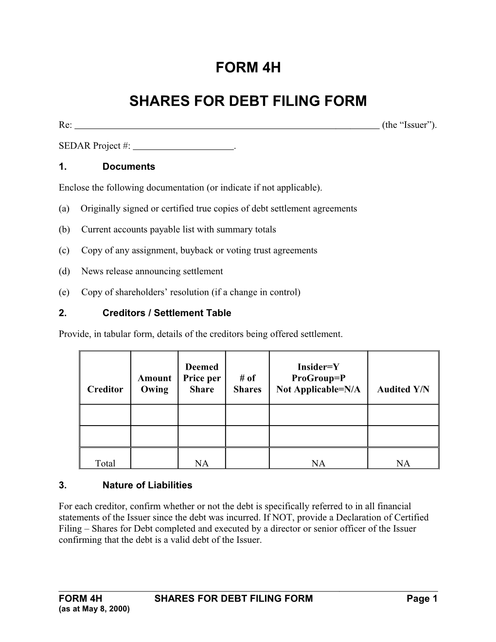 Shares for Debt Filing Form