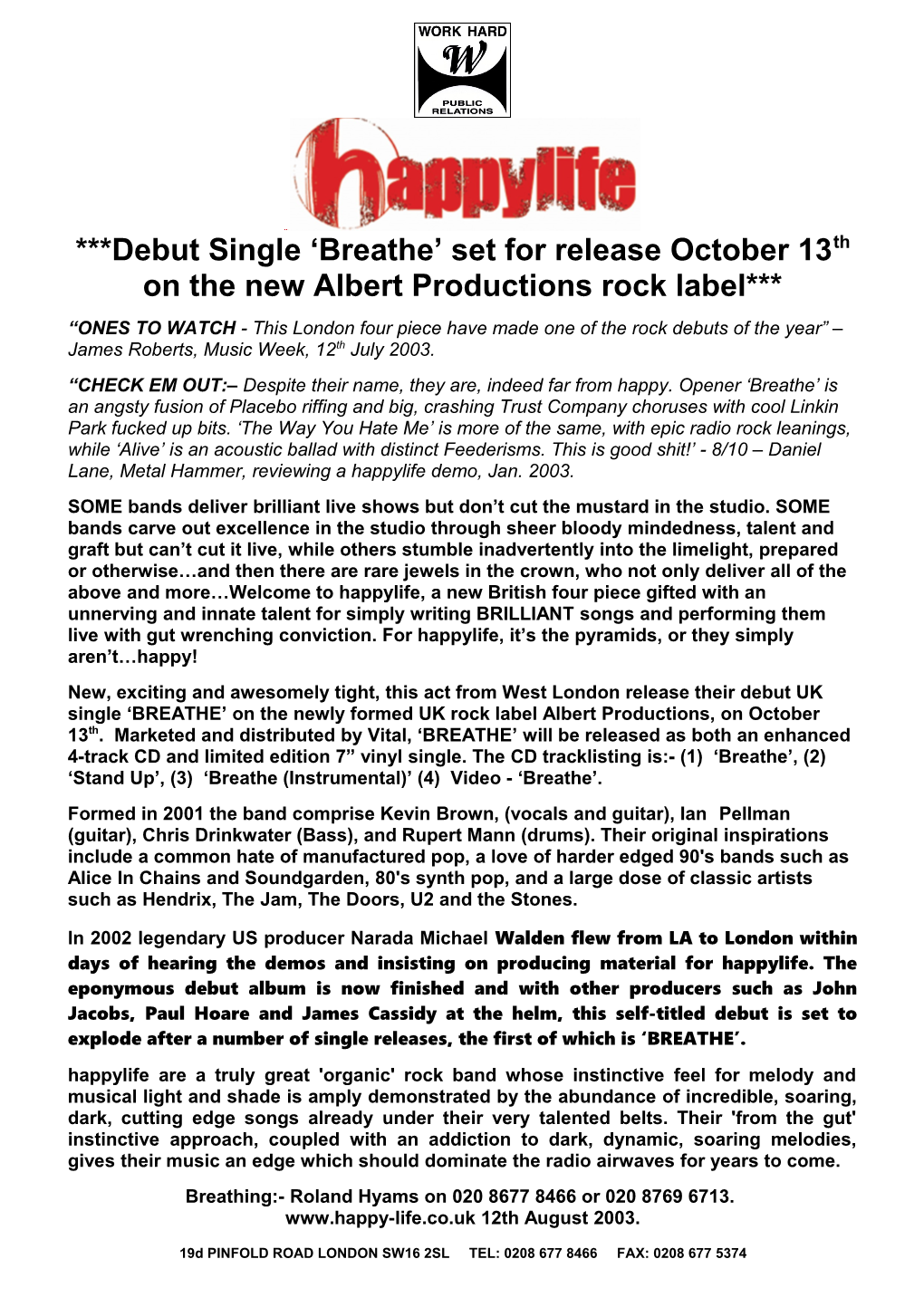 Debut Single Breathe Set for Release October 13Th on the New Albert Productions Rock Label