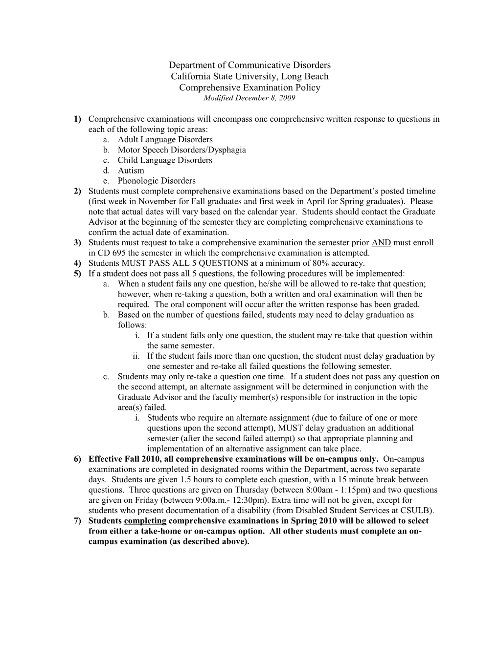 Department Comprehensive Examination Policy