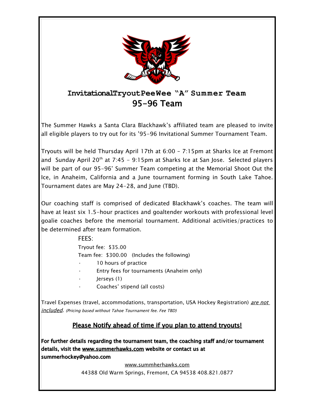 Invitational Tryout Peewee a Summer Team