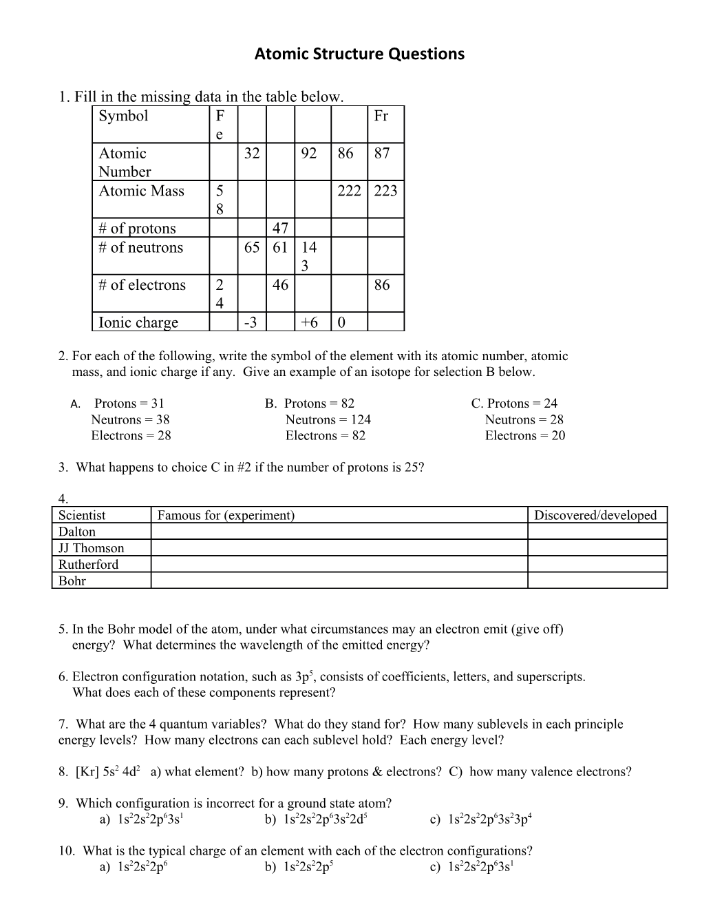 1. Fill in the Missing Data in the Table Below