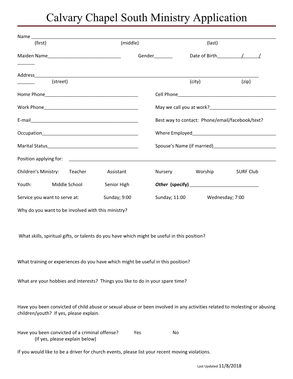 Calvary Chapel South Ministry Application