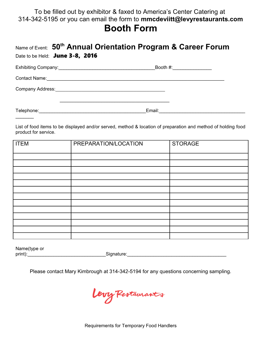 To Be Filled out by Exhibitor & Faxed To