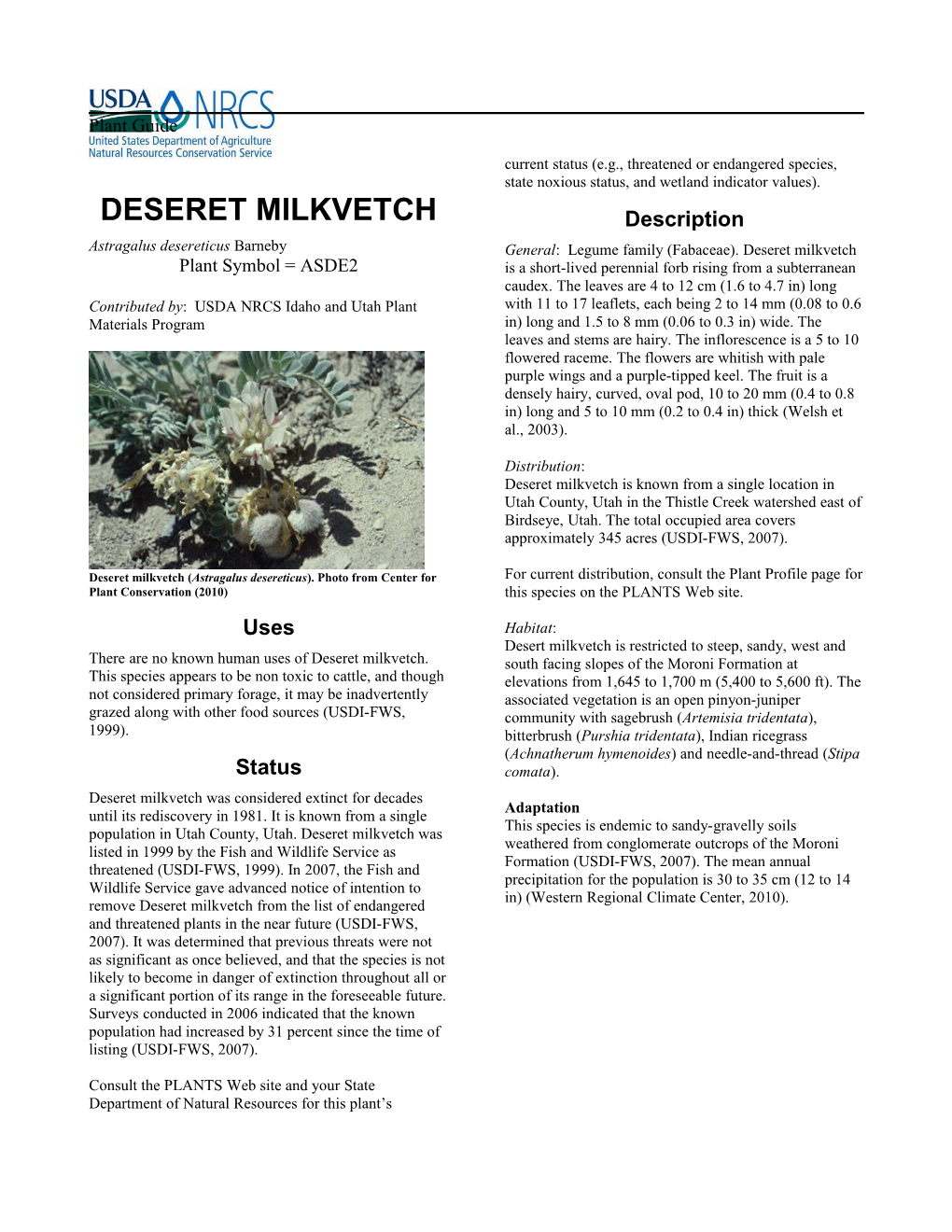 Plant Guide for Deseret Milkvetch (Astragalus Desereticus)