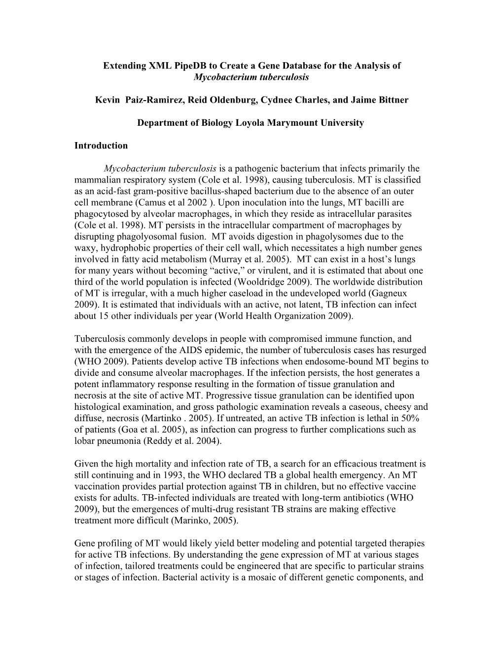 Extending XML Pipedb to Create a Gene Database for the Analysis of Mycobacterium Tuberculosis