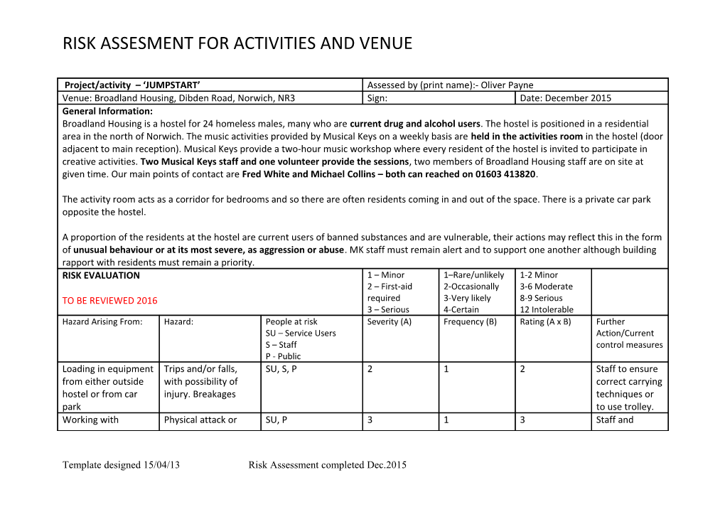 Risk Assesment for Activities and Venue