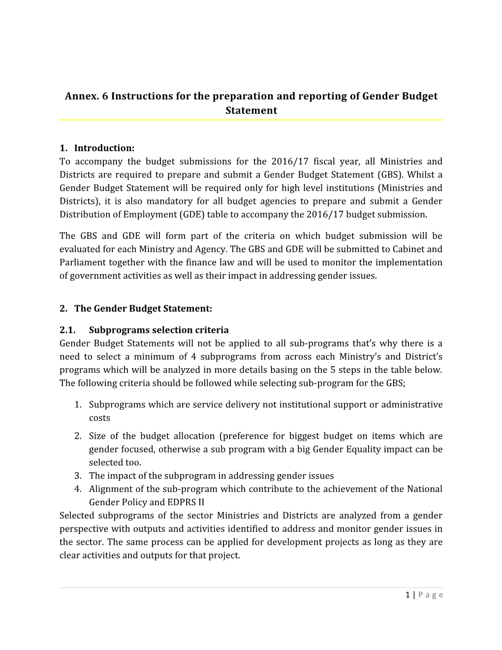 Annex. 6 Instructions for the Preparation and Reporting of Gender Budget Statement