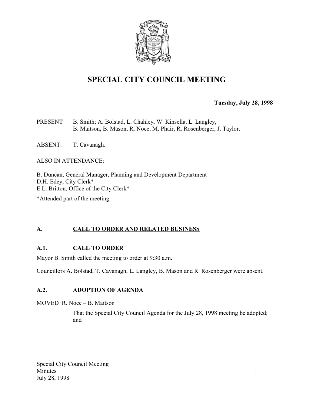 Minutes for City Council July 28, 1998 Meeting