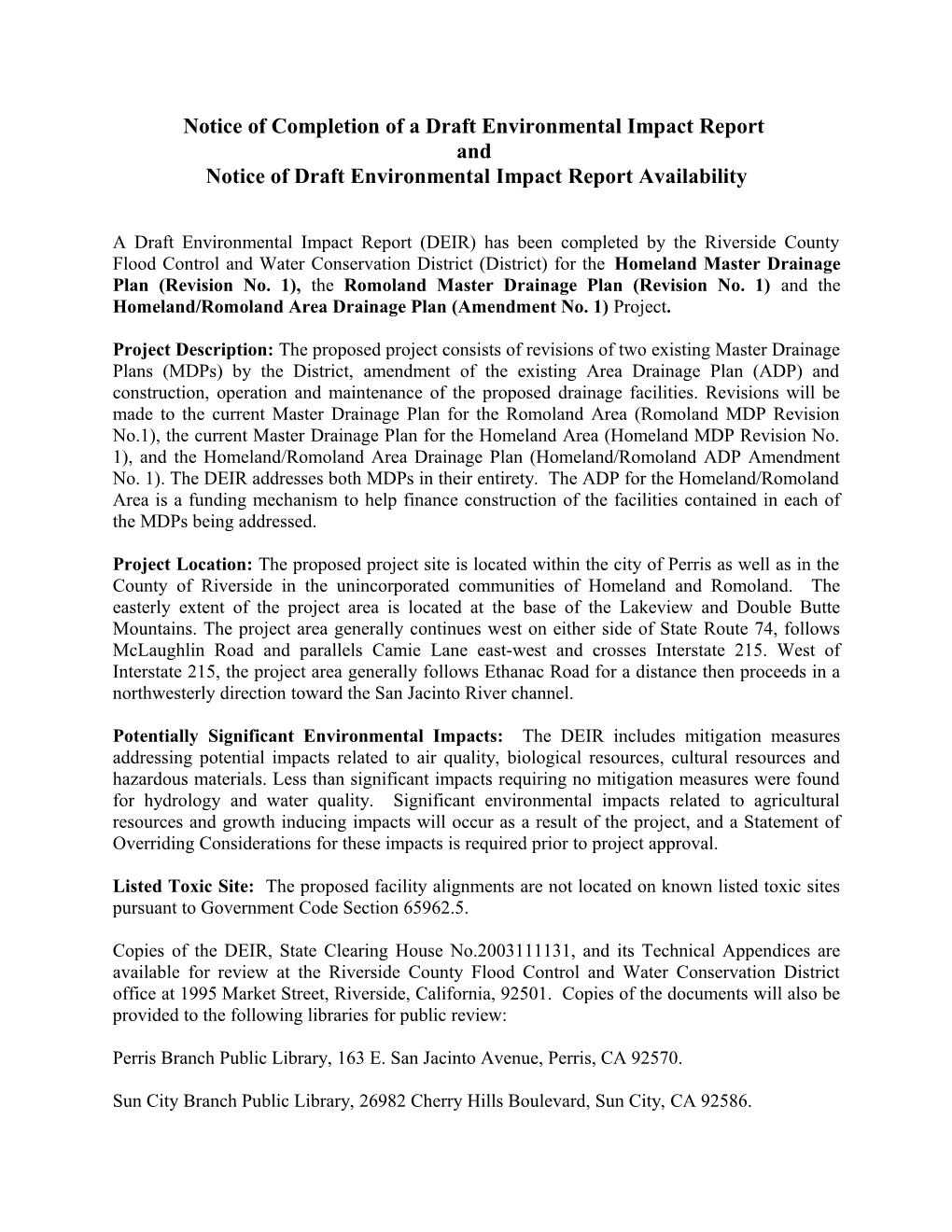 Notice of Completion of a Draft Environmental Impact Report and Notice of Draft Environmental