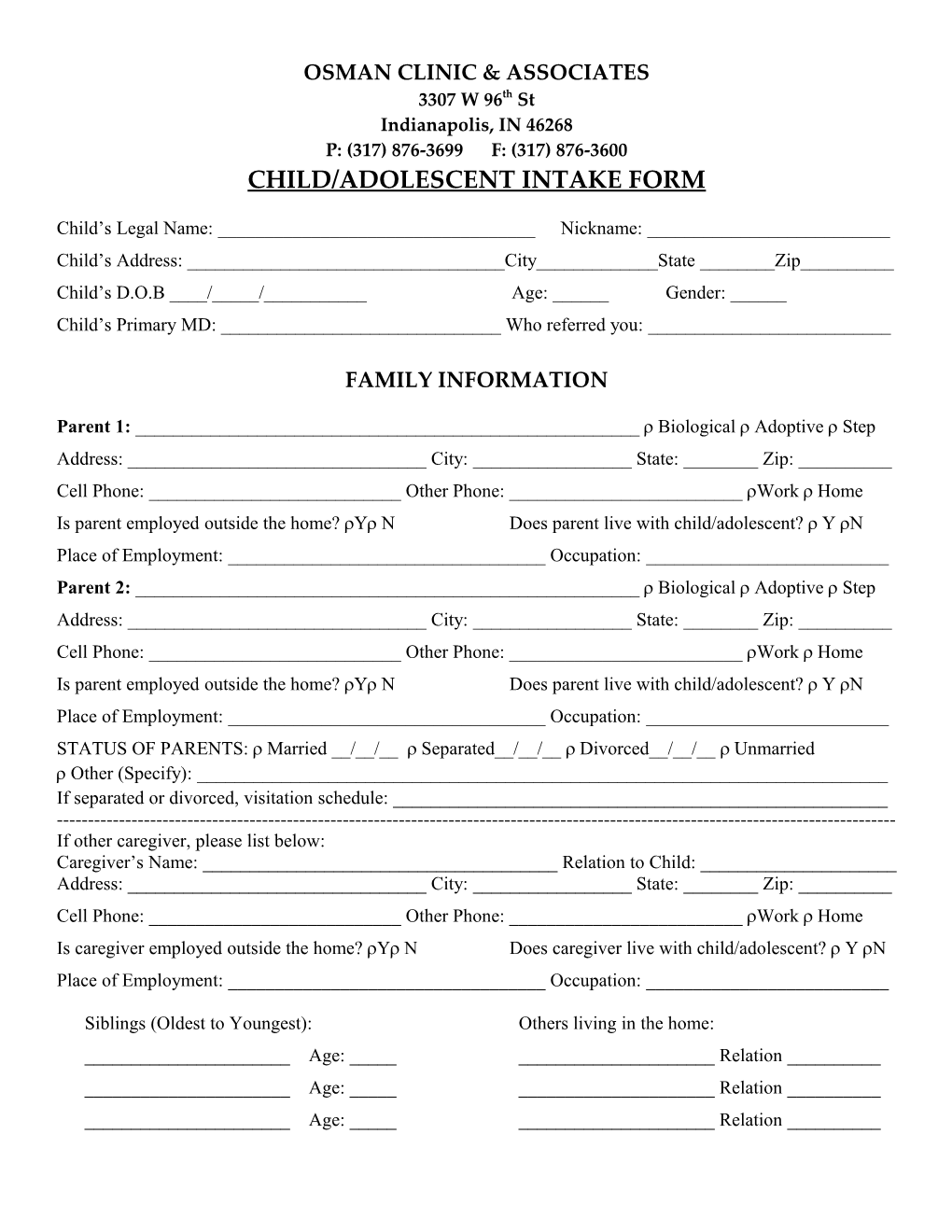 Child/Adolescent Intake Form