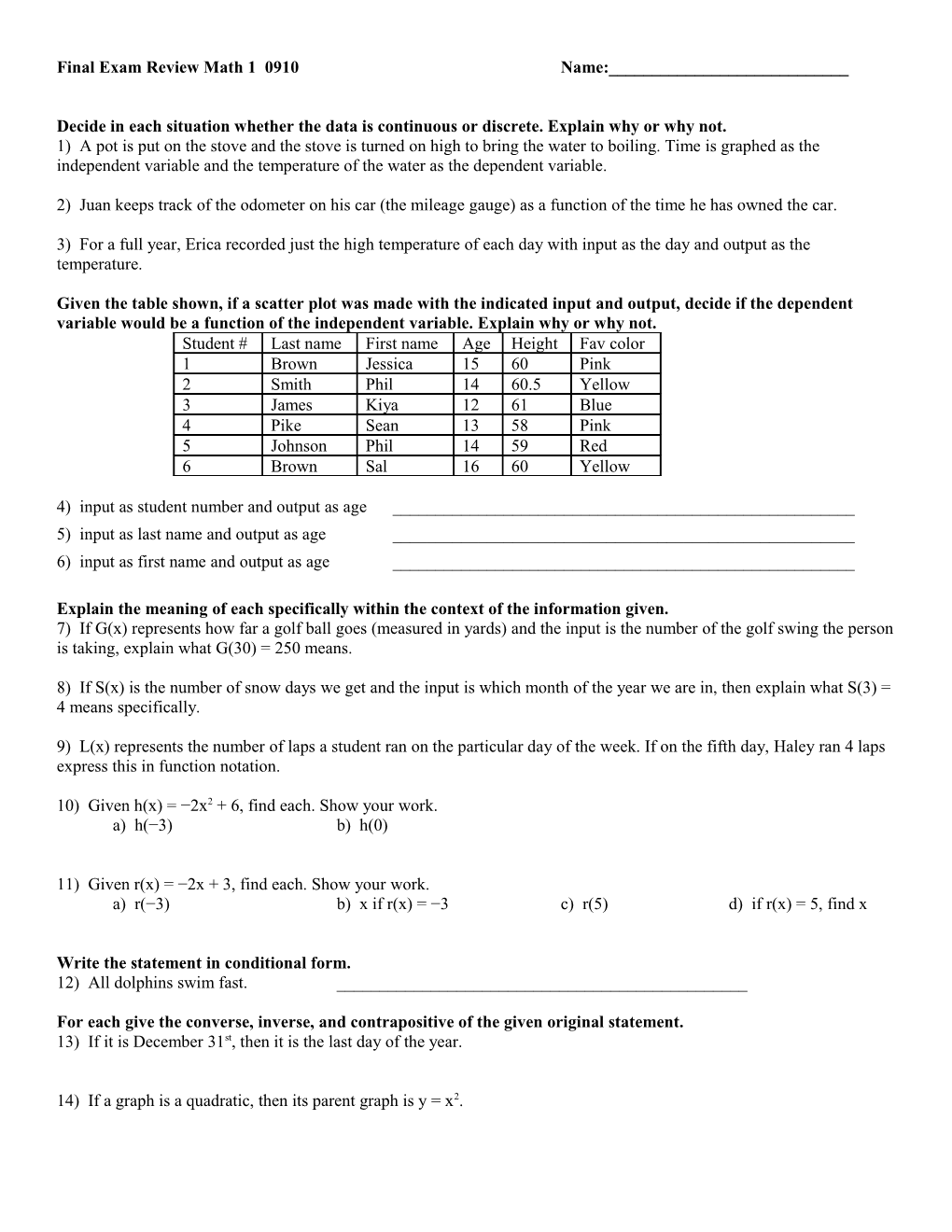 Math 1 First Test Review