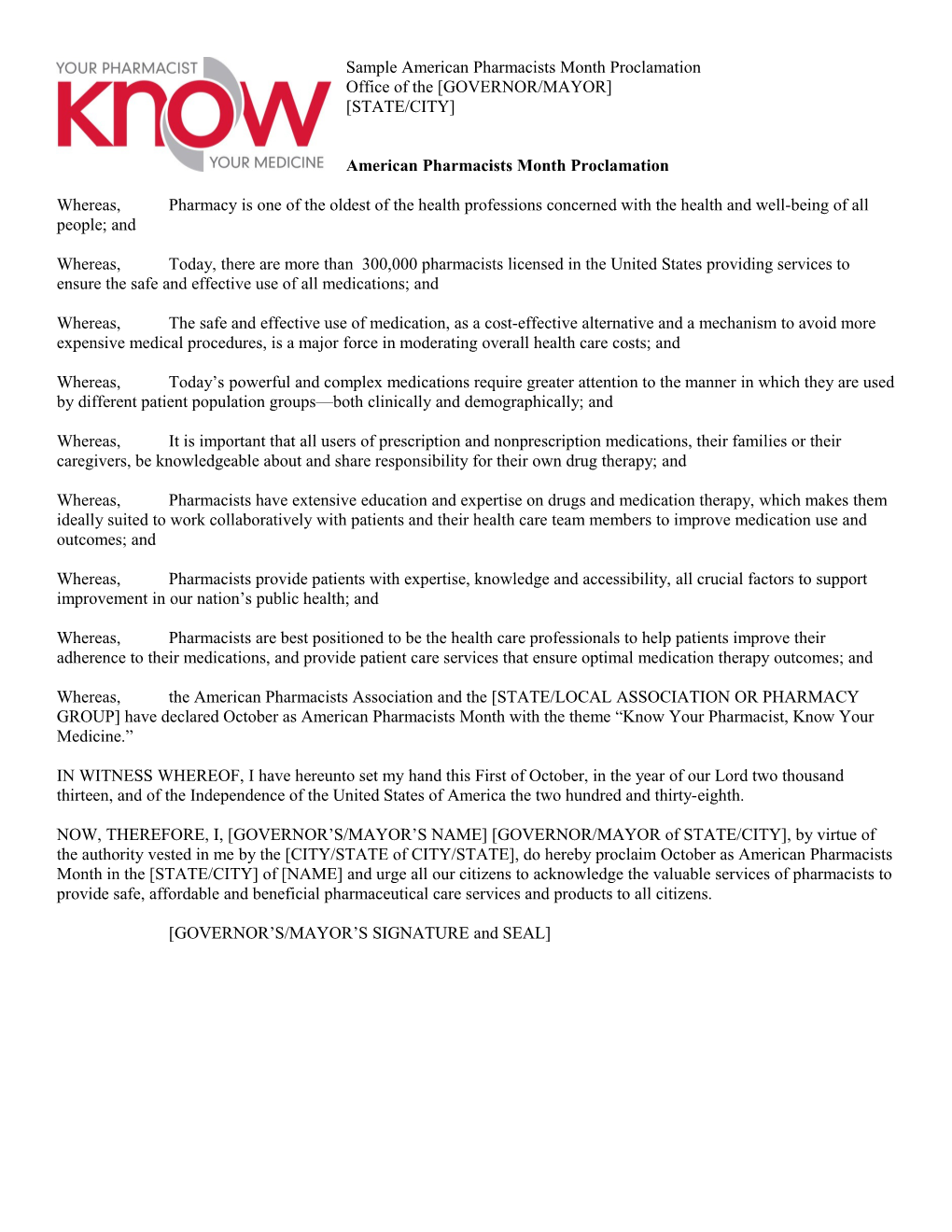 Sample American Pharmacists Month Proclamation