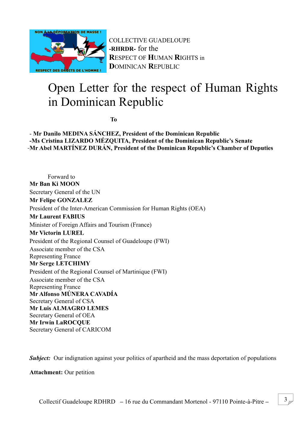 Open Letter for the Respect of Human Rights in Dominican Republic