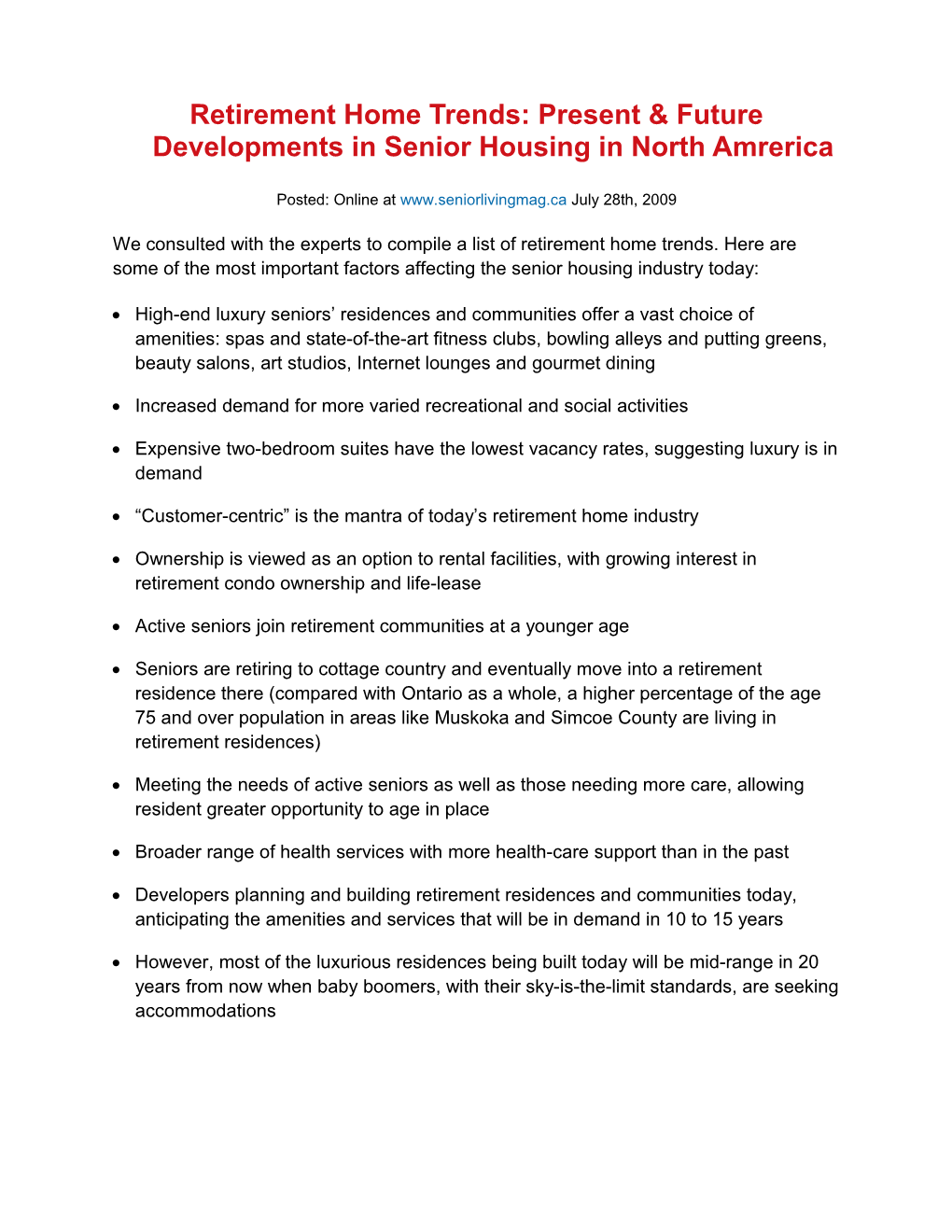 Retirement Home Trends: Present & Future Developments in Senior Housing in North Amrerica