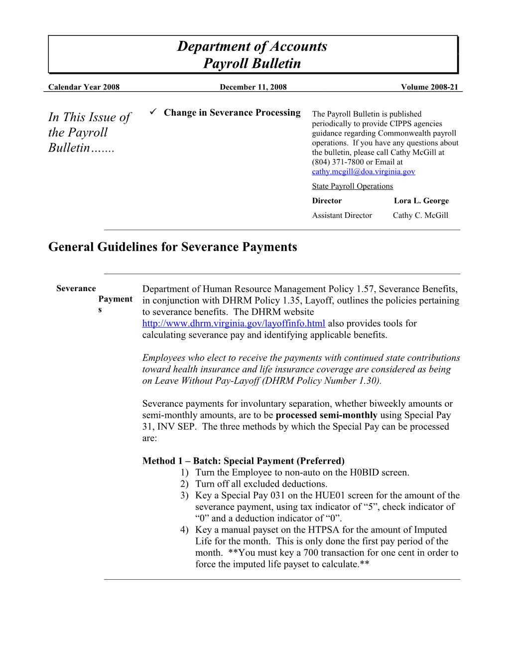 DOA Payroll Bulletin - 12-2008