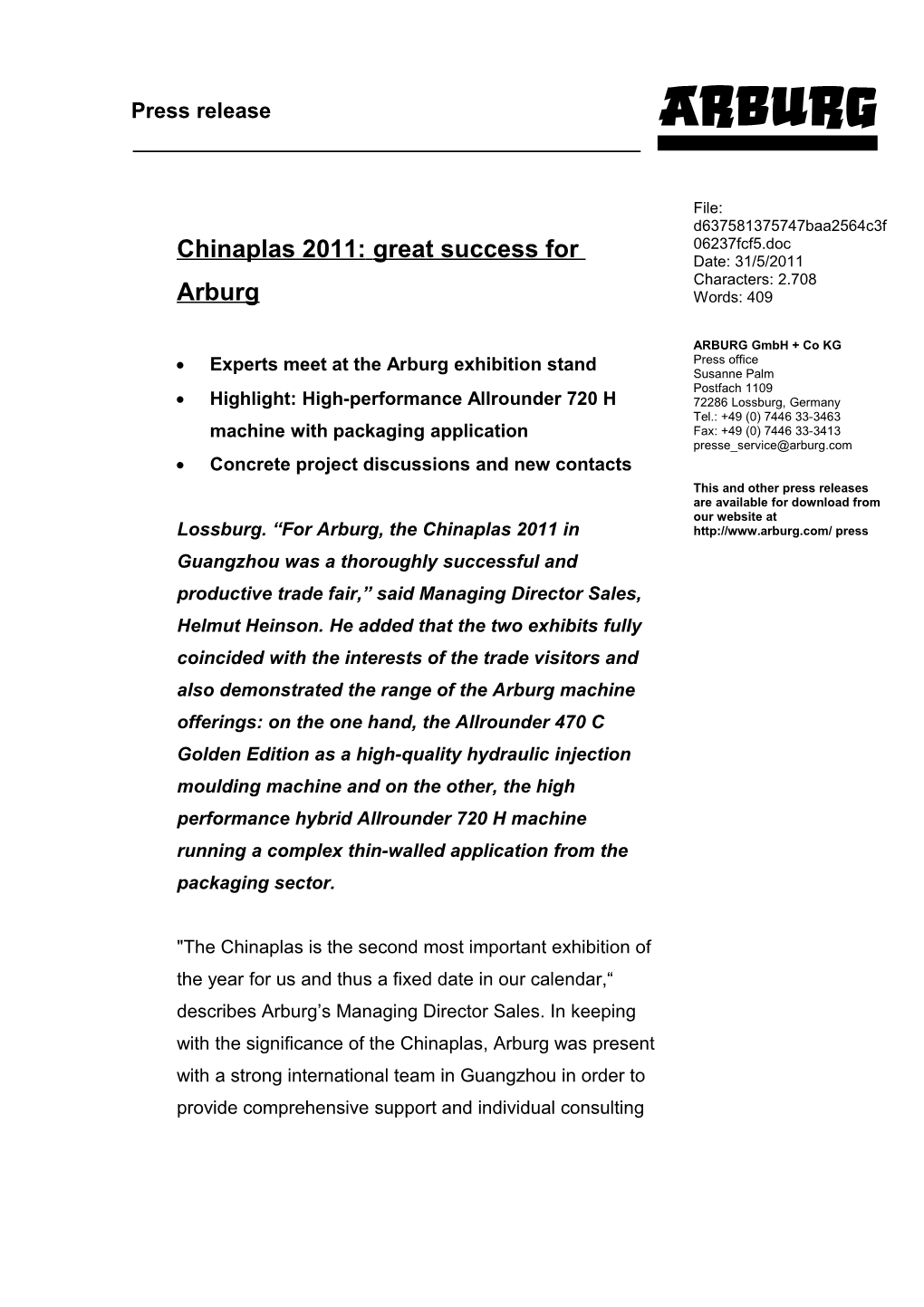 Chinaplas 2011:Great Success for Arburg