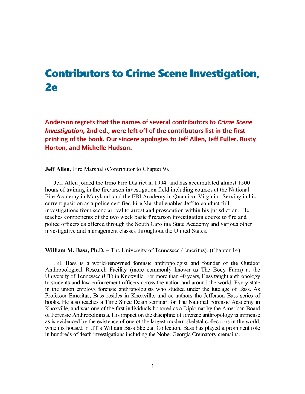 Contributors to Crime Scene Investigation, 2E