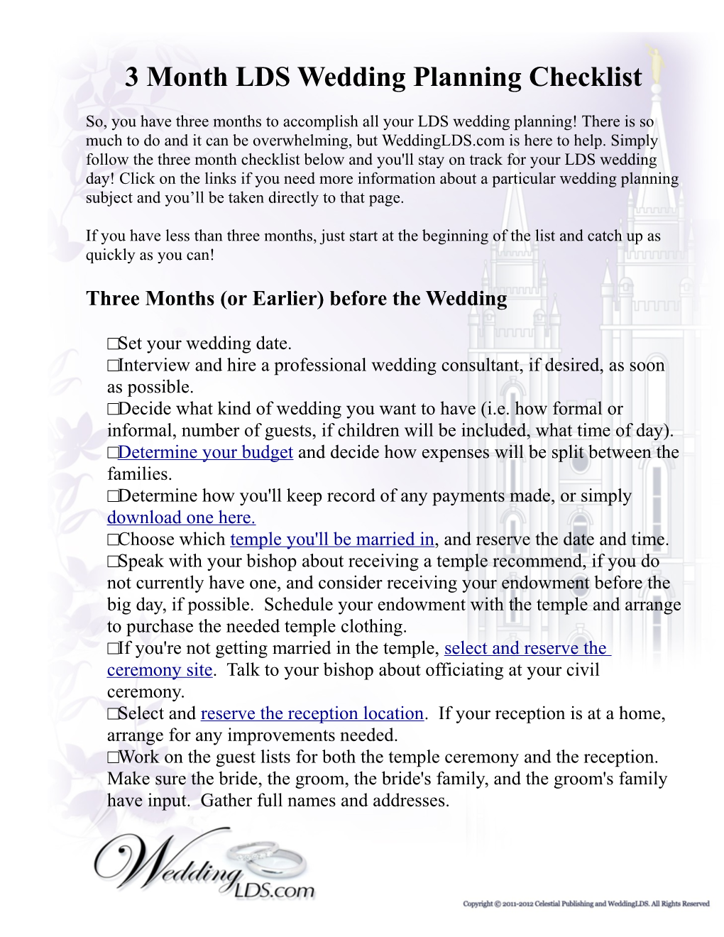 3 Month LDS Wedding Planning Checklist