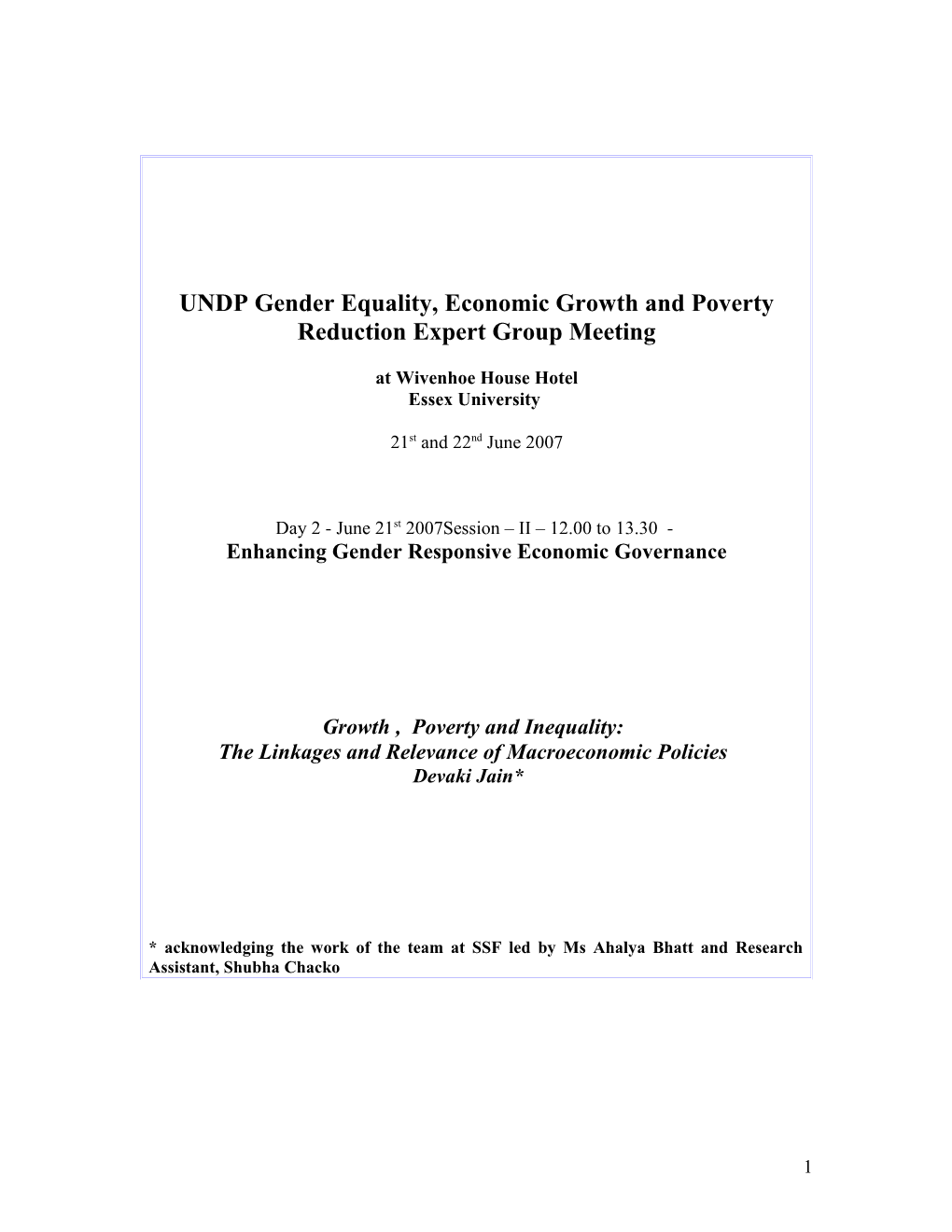UNDP Gender Equality, Economic Growth and Poverty
