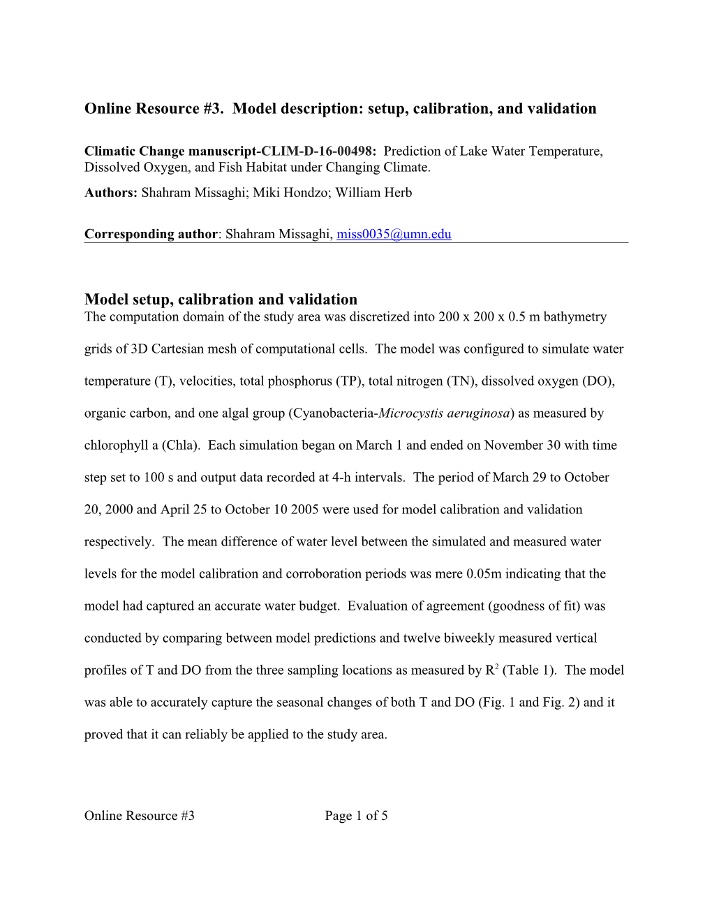 Online Resource #3. Model Description: Setup, Calibration, and Validation