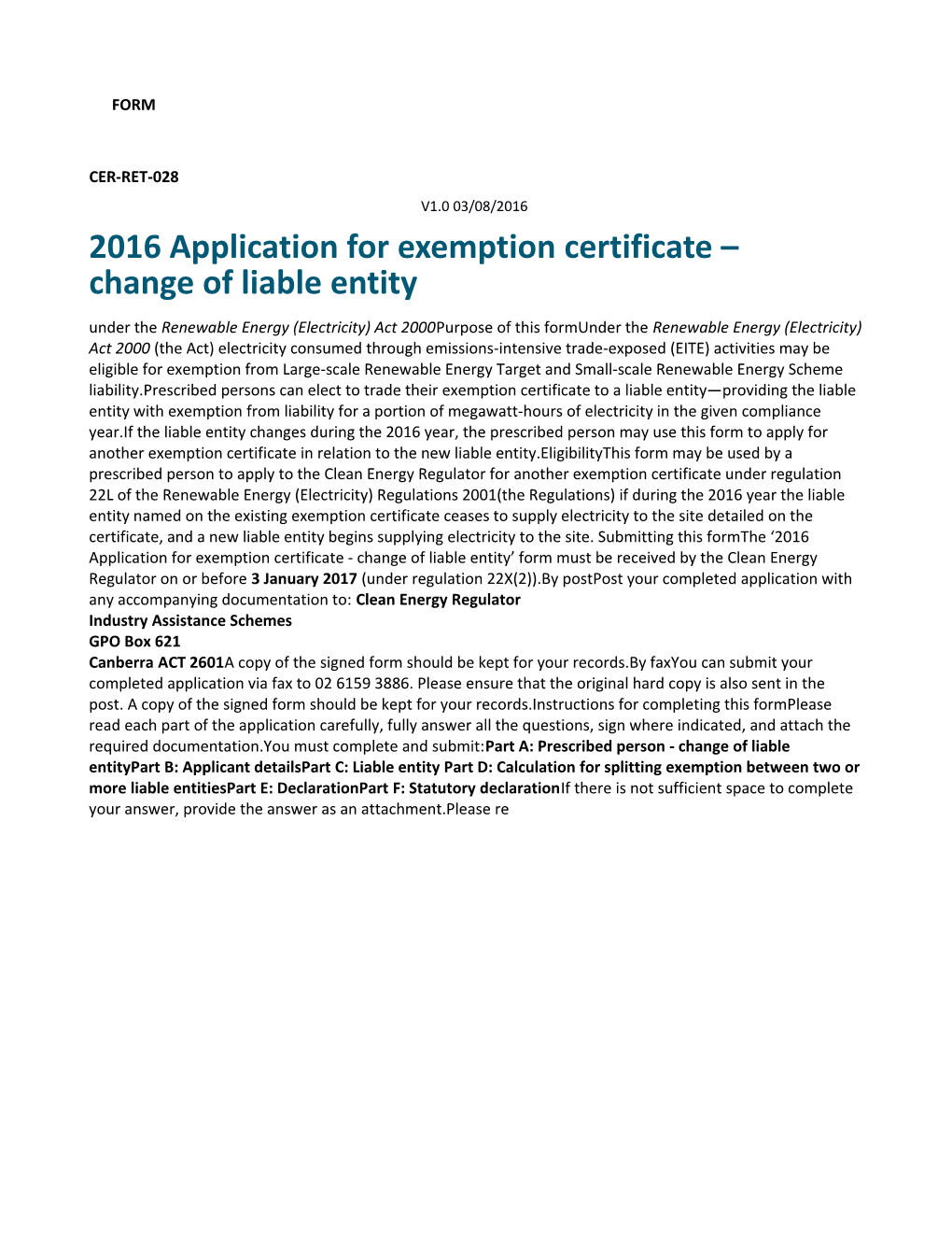 2016 Exemption Certificate Form - Change of Liable Entity