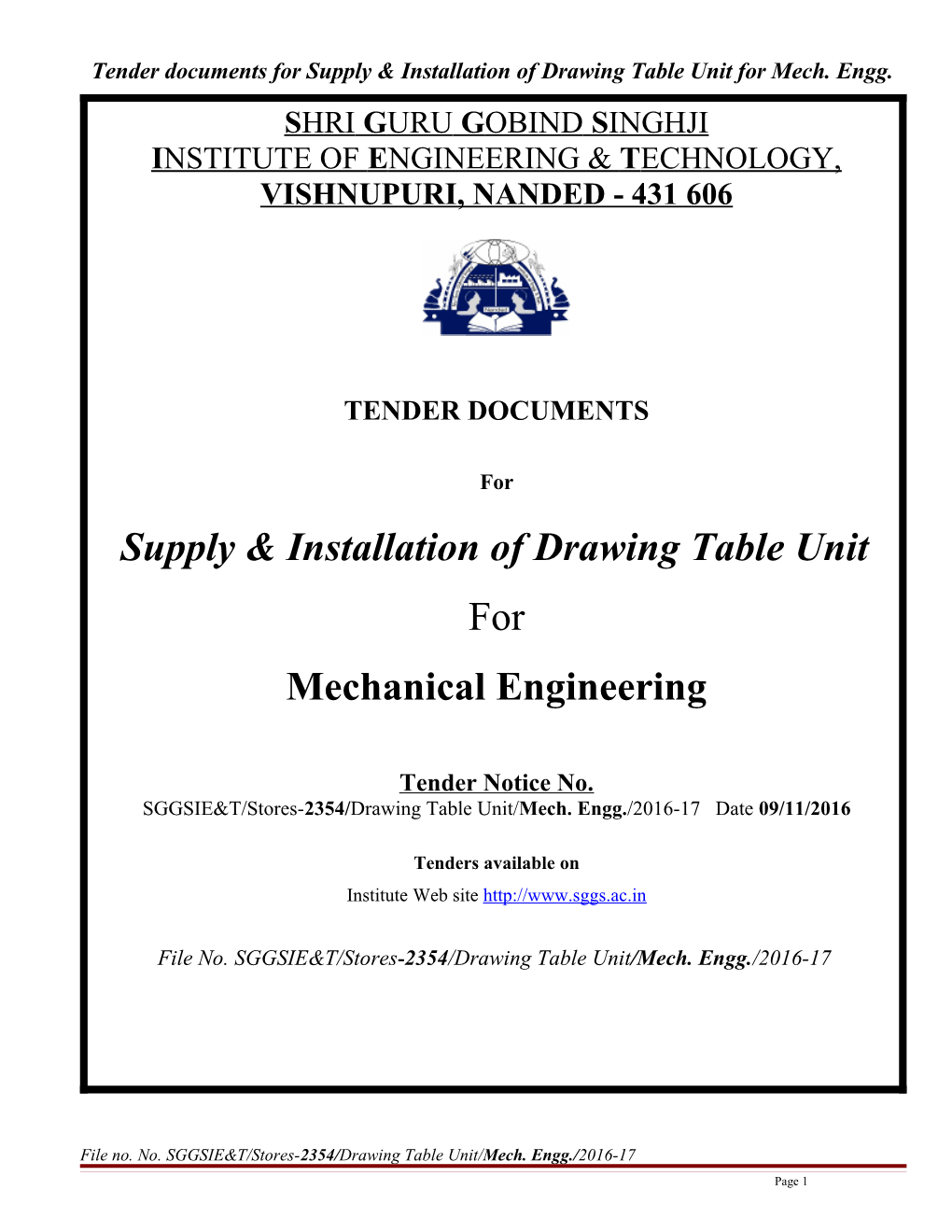 Tender Documents for Supply & Installation of Drawing Table Unitfor Mech. Engg