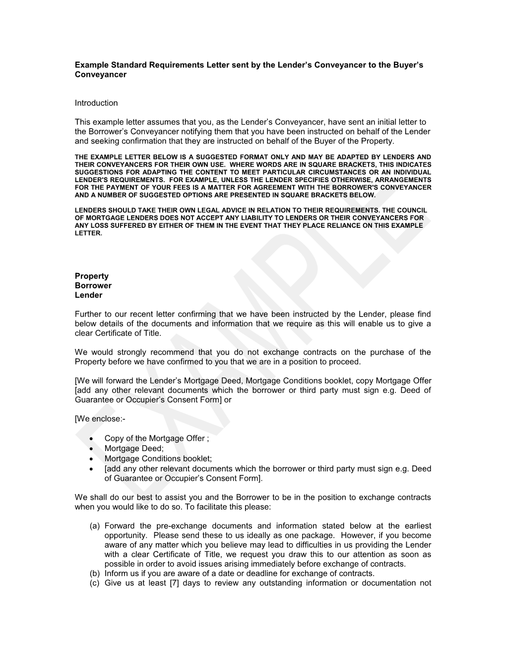 Examplestandard Requirements Letter Sent by the Lender S Conveyancer to the Buyer S Conveyancer