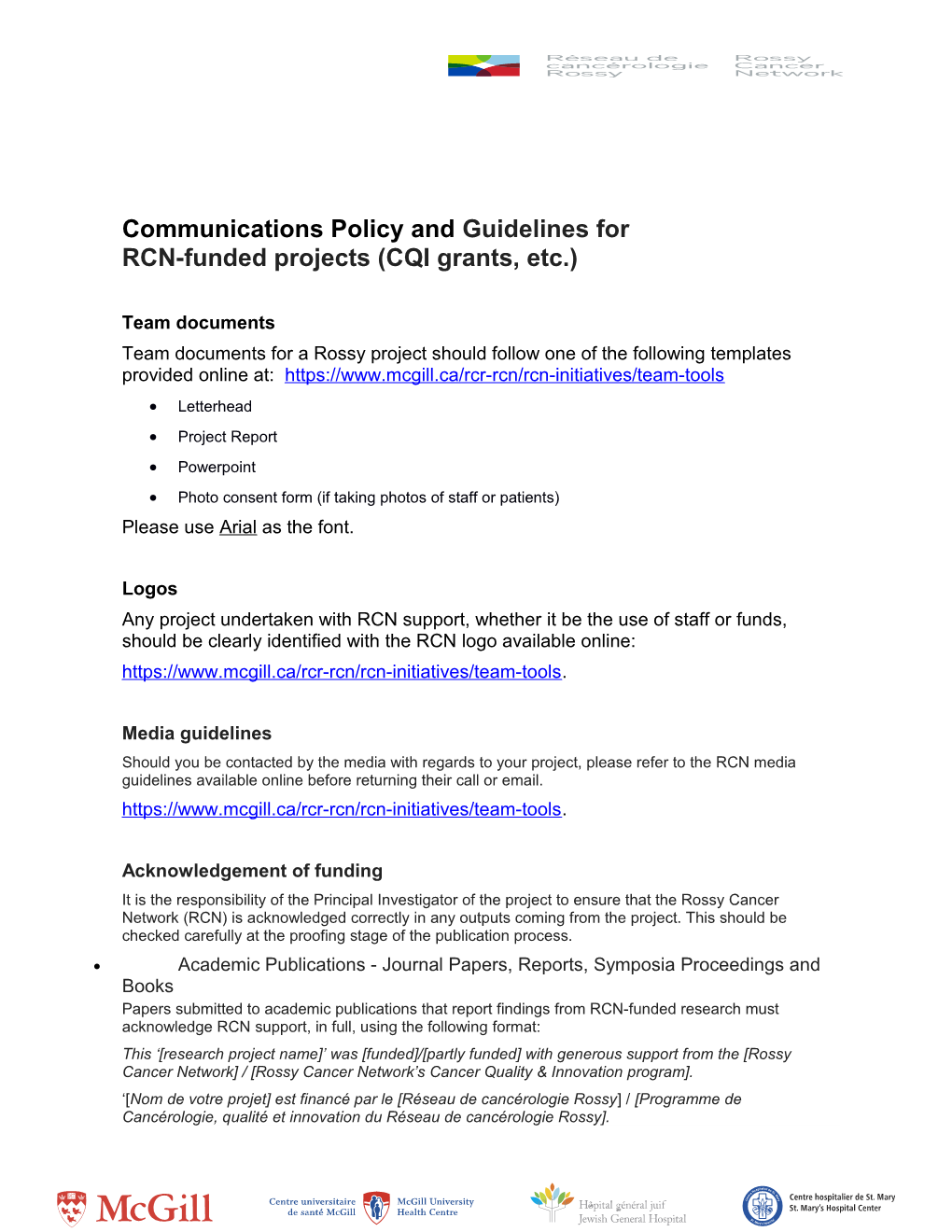 Communications Policy and Guidelines for RCN-Funded Projects (CQI Grants, Etc.)