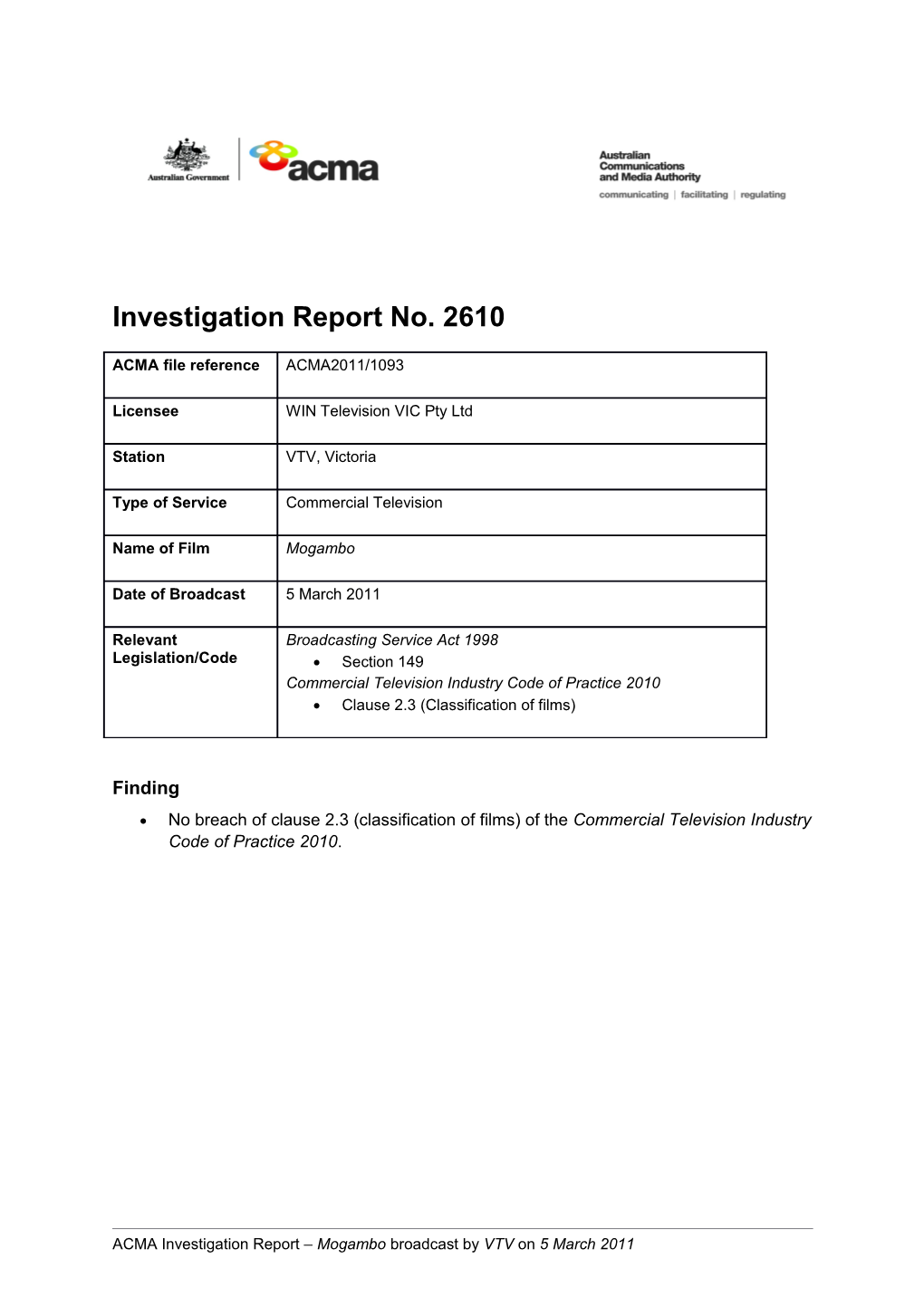 VTV - ACMA Investigation Report 2610