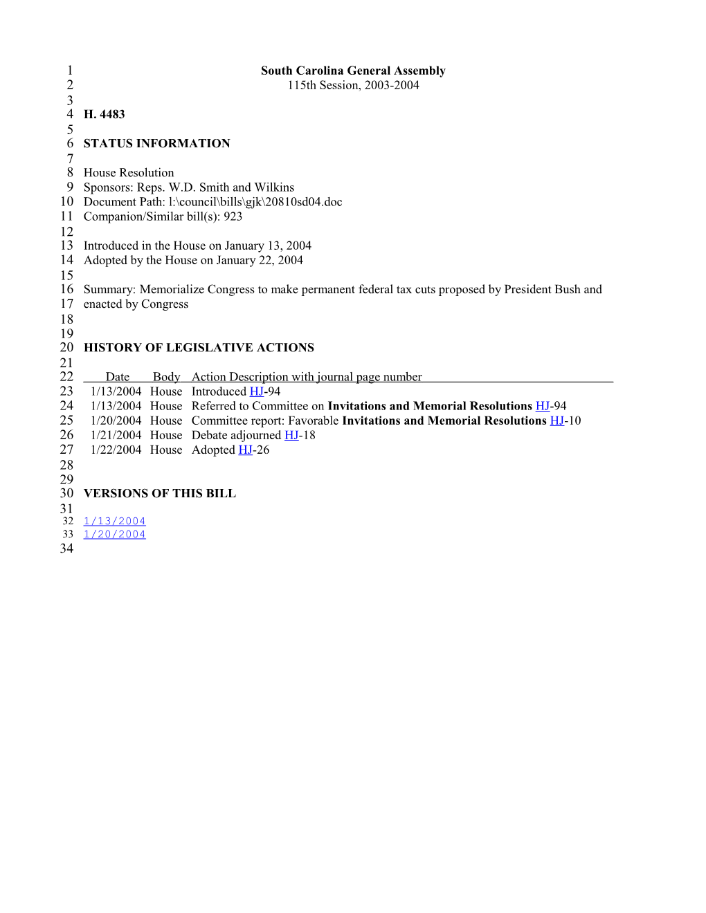 2003-2004 Bill 4483: Memorialize Congress to Make Permanent Federal Tax Cuts Proposed By