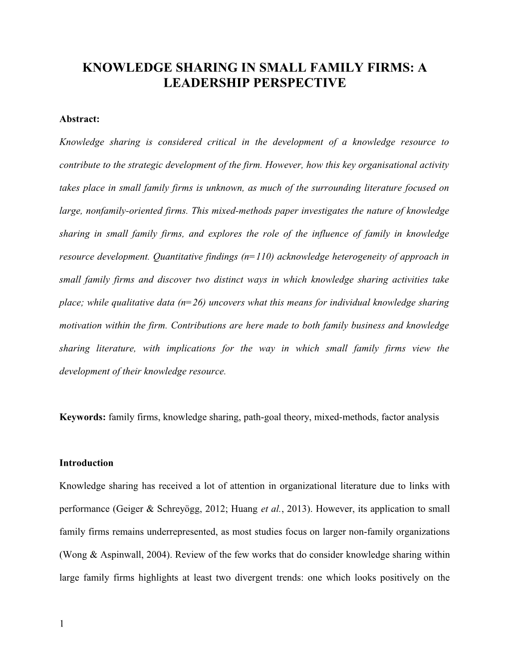 Knowledge Sharing in Small Family Firms: a Leadership Perspective