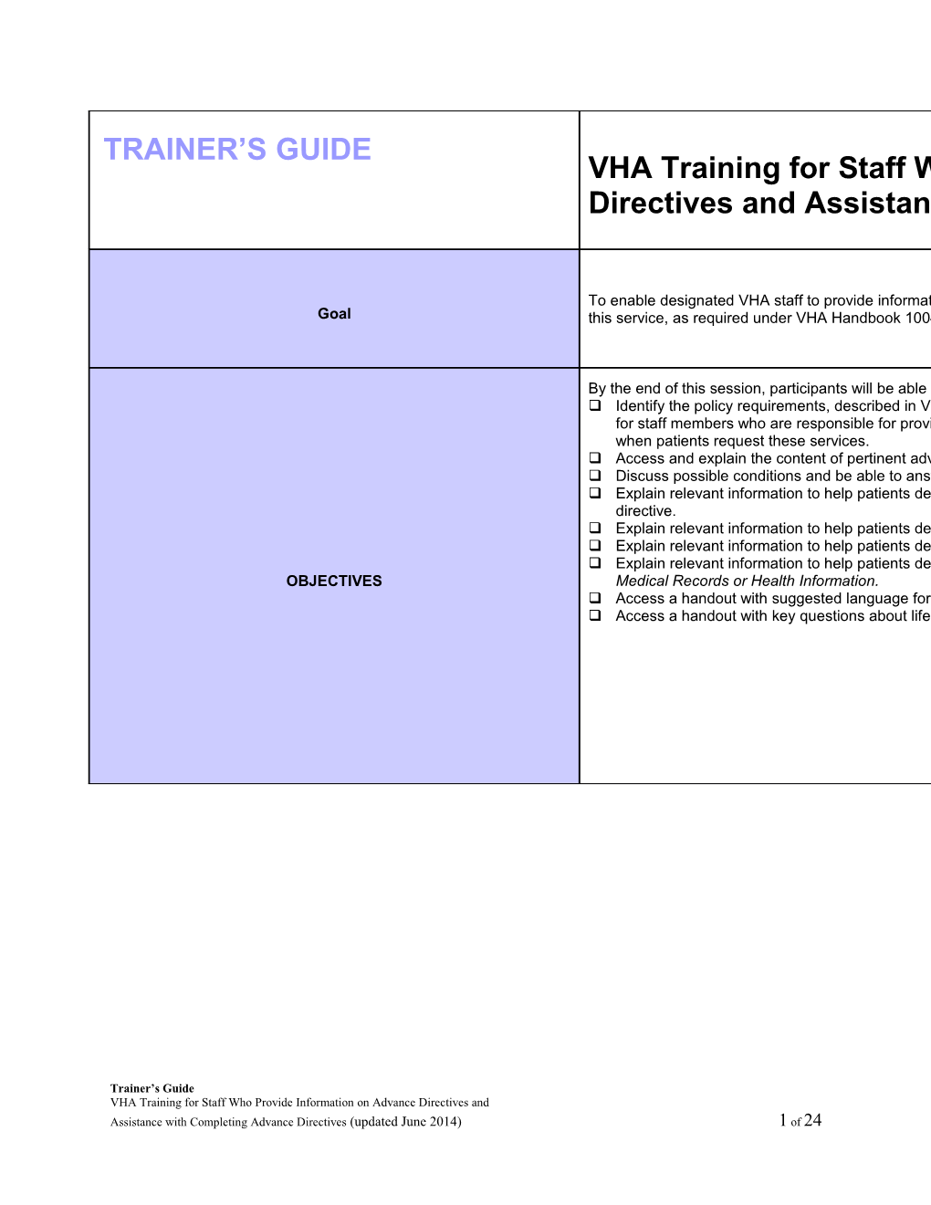 VHA Training for Staff Who Provide Information on Advance Directives And