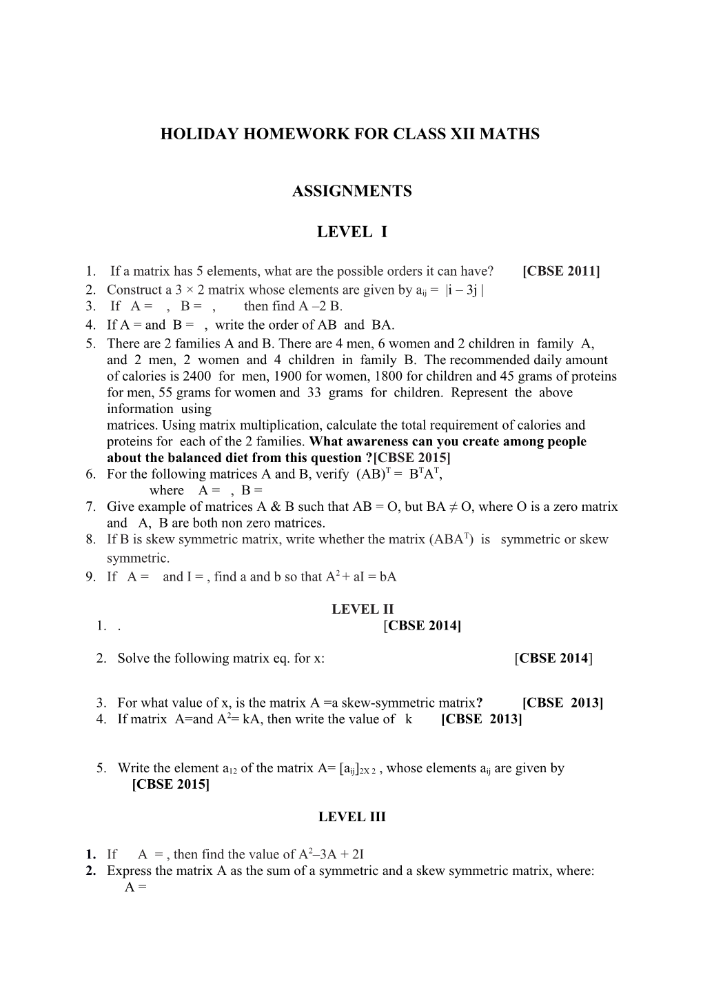 Holiday Homework for Class Xii Maths