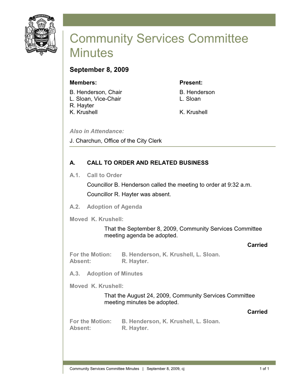 Minutes for Community Services Committee September 8, 2009 Meeting