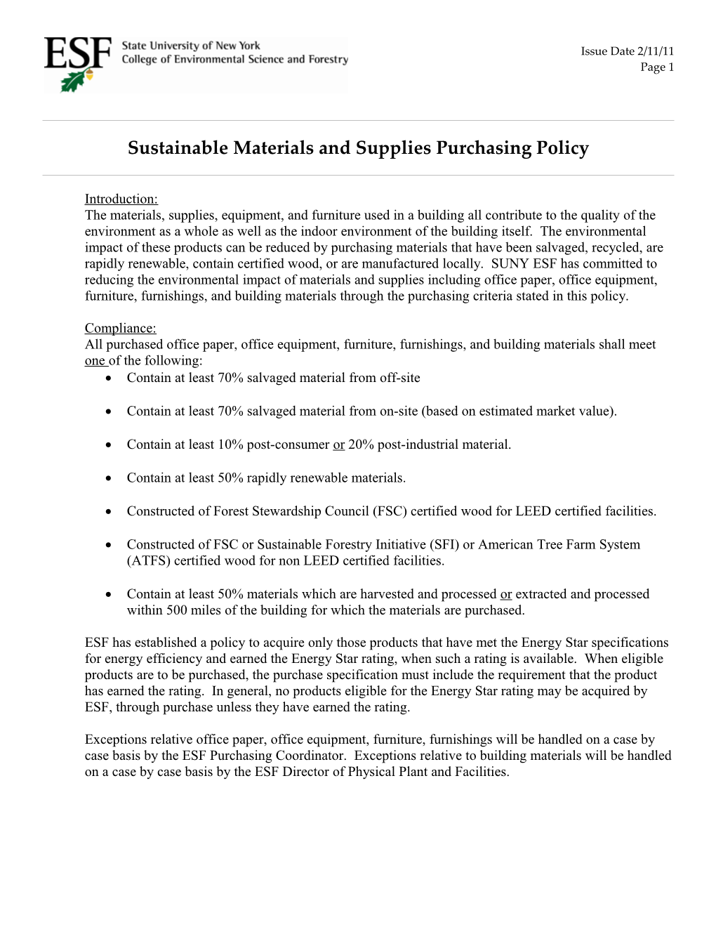 Sustainable Materials and Supplies Purchasing Policy