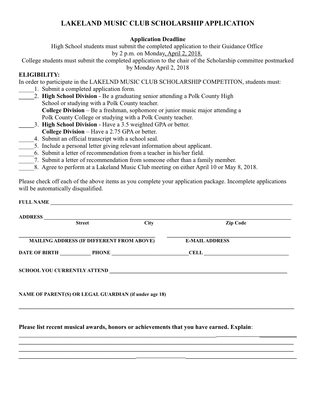 Lakeland Music Club Scholarship Application