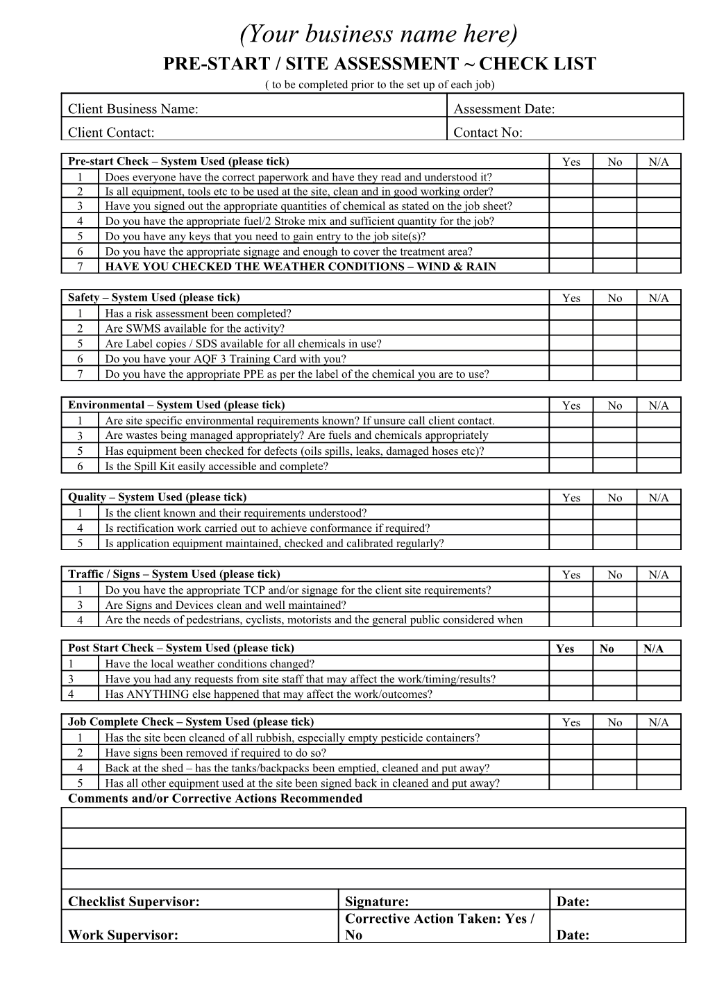 Pre-Start / Site Assessment Check List