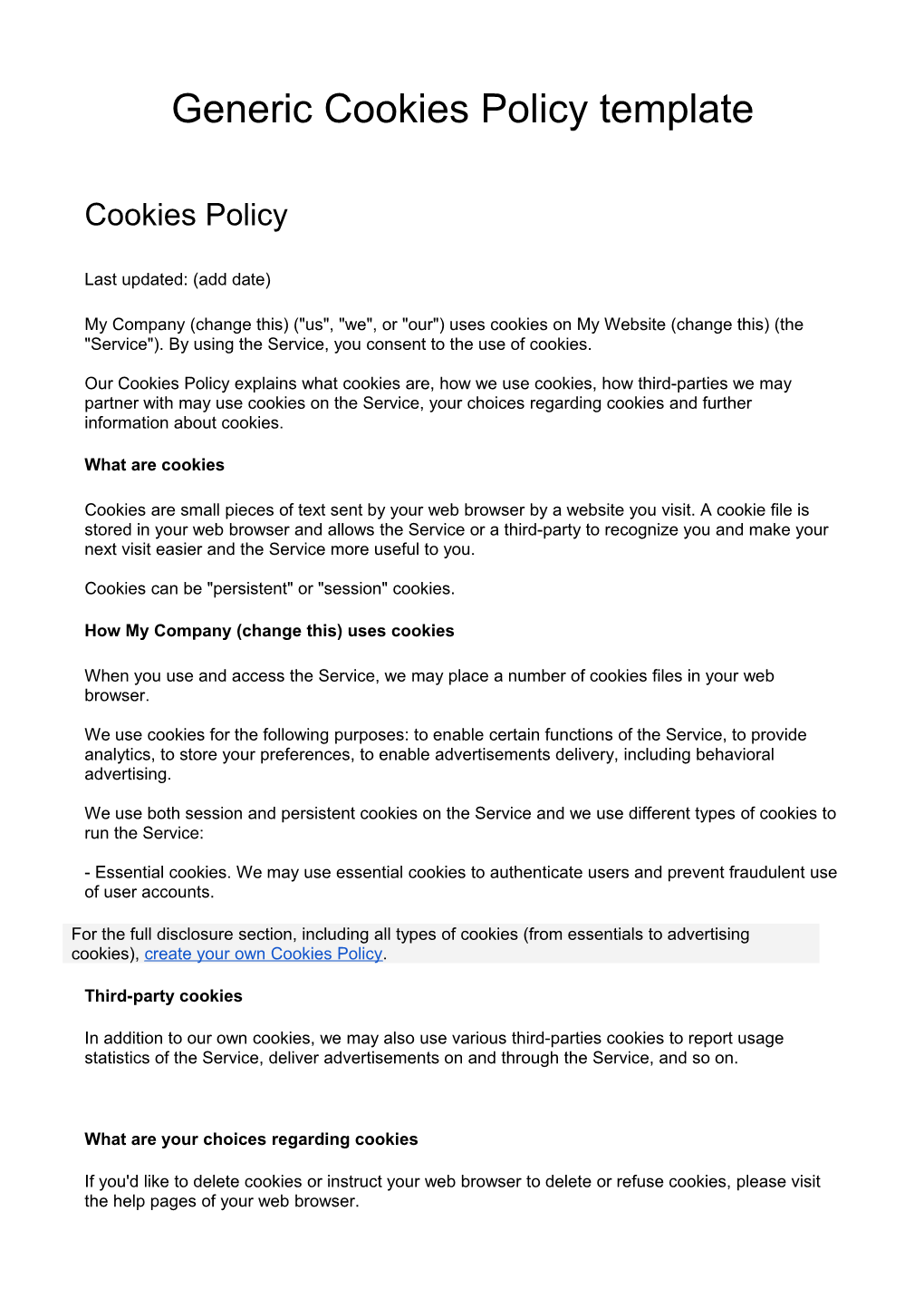 Generic Cookies Policy Template