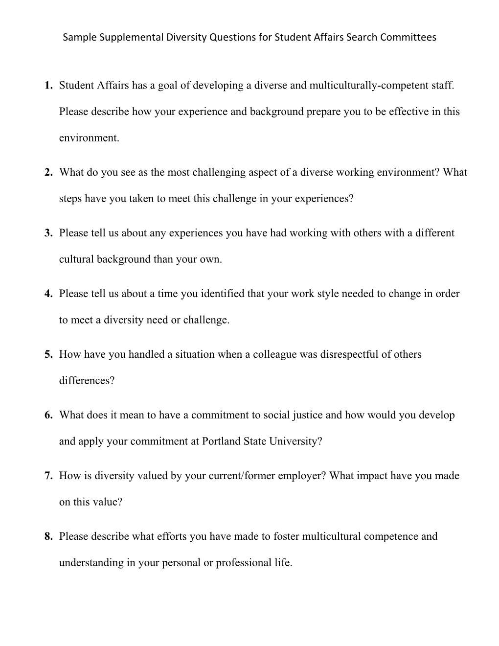 Sample Supplemental Diversity Questions for Student Affairs Search Committees