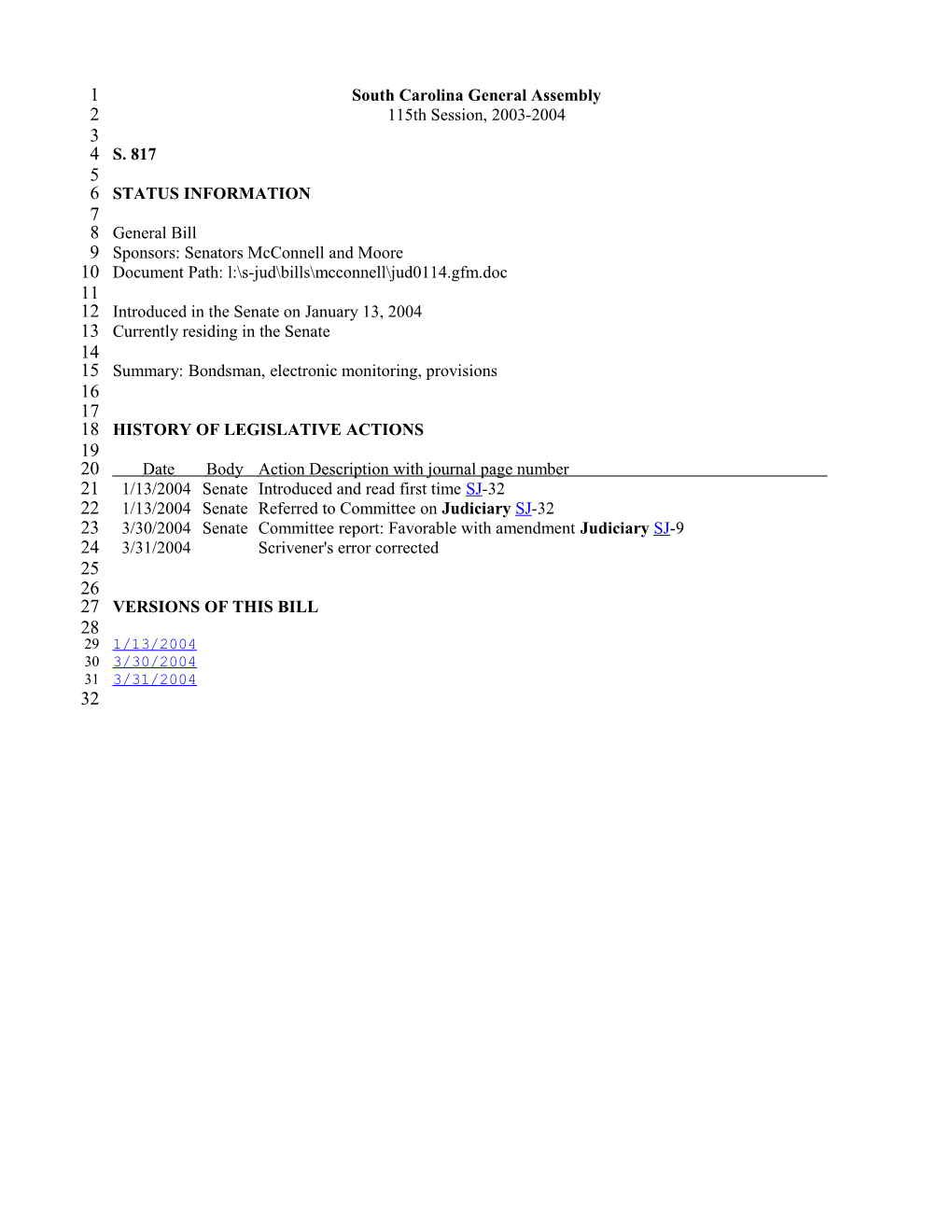 2003-2004 Bill 817: Bondsman, Electronic Monitoring, Provisions - South Carolina Legislature